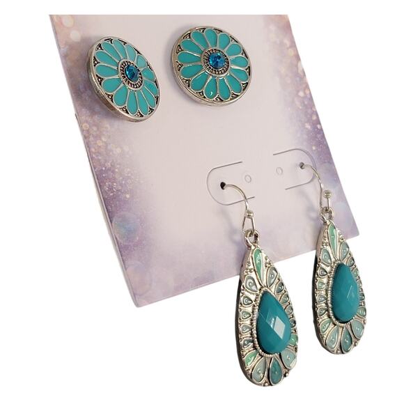 2 Pair Earring Set Teal Blue Flower Stud & Drop Dangle Boho Festival Retro Style - Picture 2 of 9